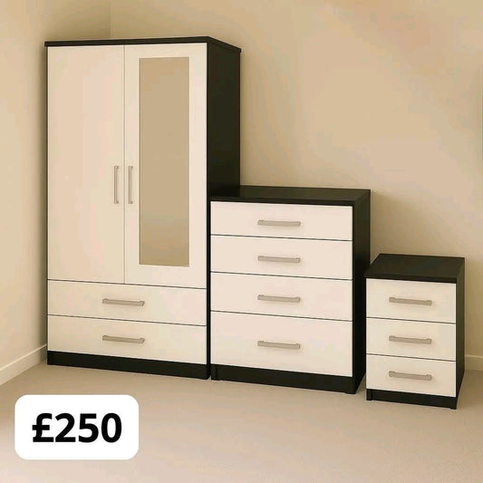 Classic Black & White Bedroom Set: Wardrobe, Chest of Drawers, & Bedside Table