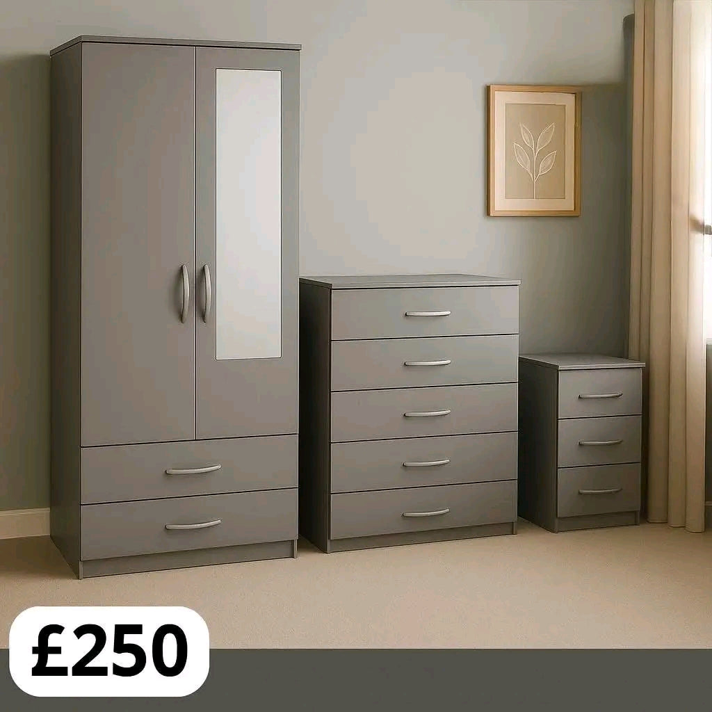 Grey 3‑Piece Wardrobe & Drawer Bedroom Set
