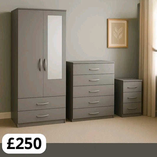 Grey 3‑Piece Wardrobe & Drawer Bedroom Set