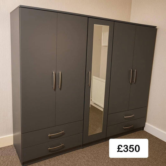 Modern Light Oak 4-Door Wardrobe with Mirror & Drawers