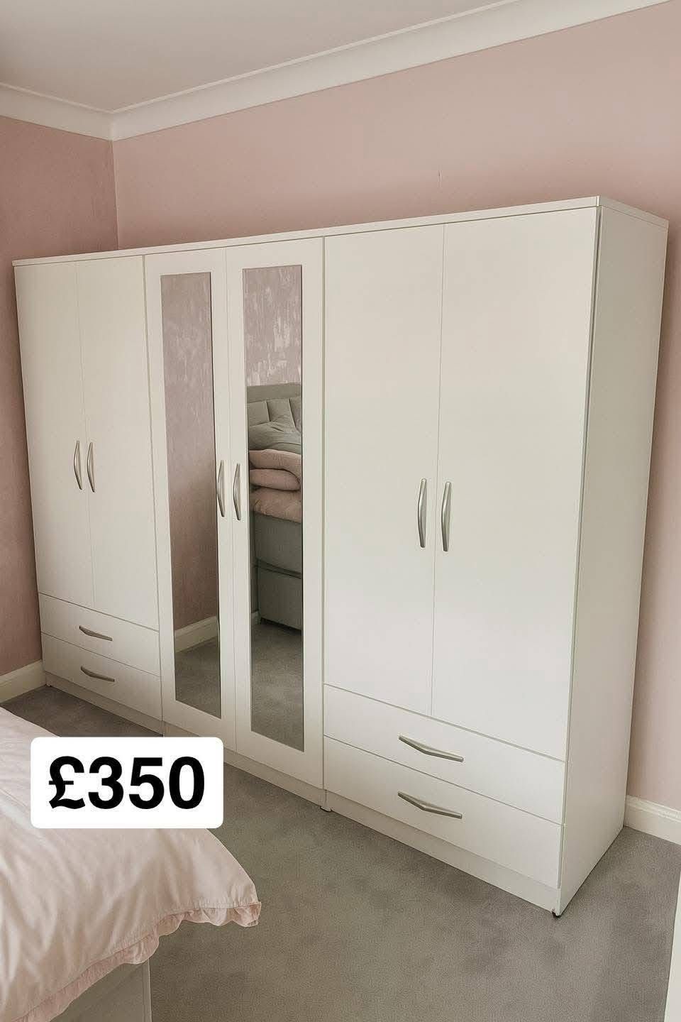 Modern Light Oak 4-Door Wardrobe with Mirror & Drawers